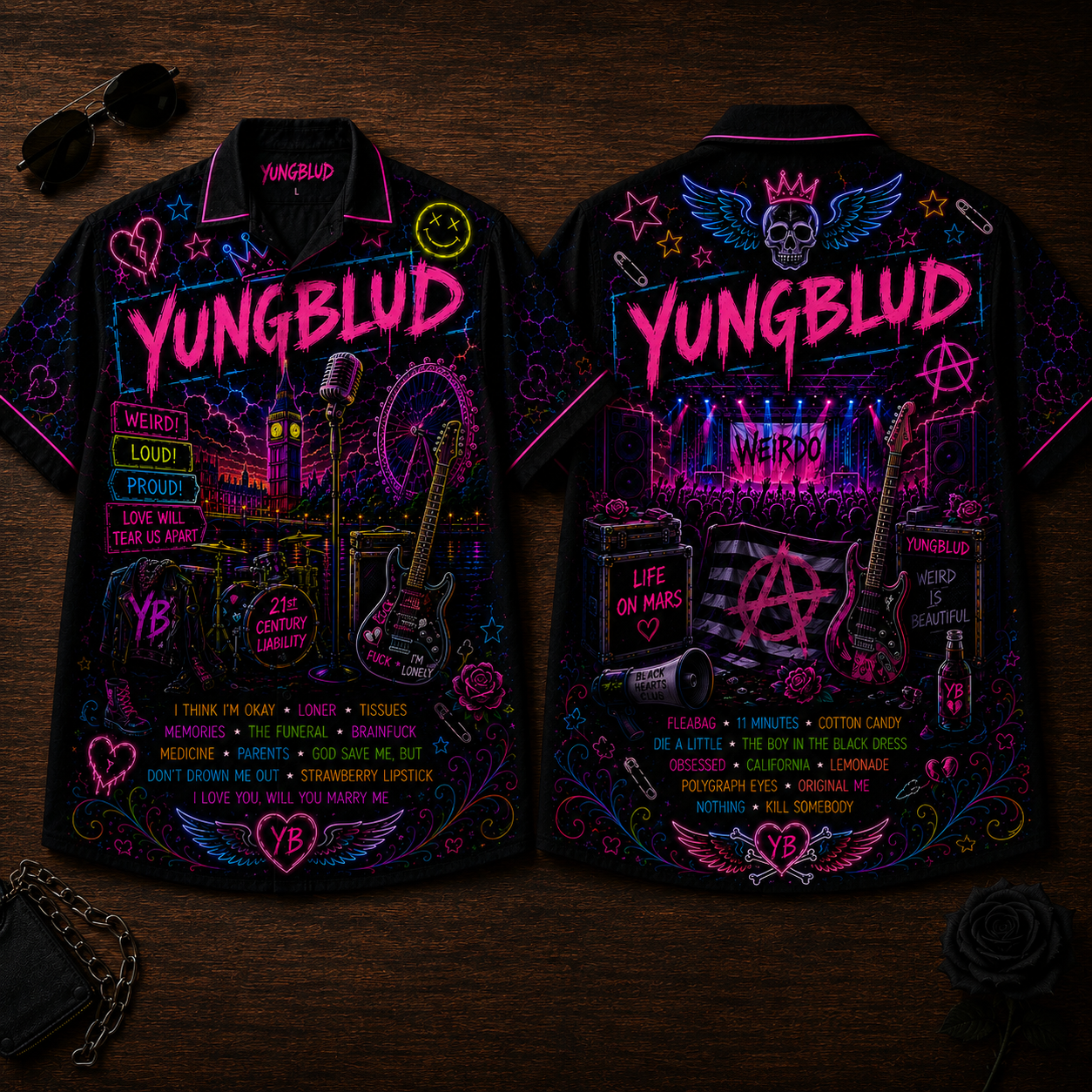 Yungblud Hawaiian Shirt - Unisex Neon Light London Big Ben Button Up