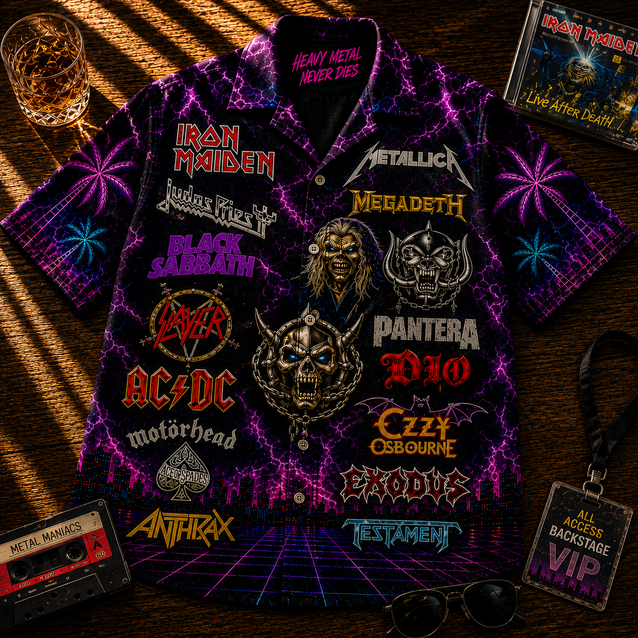 Heavy Metal Hawaiian Shirt - Unisex Thrash Metal Vintage Neon Light Button Up
