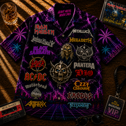 Heavy Metal Hawaiian Shirt - Unisex Thrash Metal Vintage Neon Light Button Up