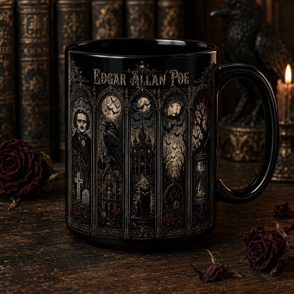 Edgar Allan Poe Mug – Stained Glass Gothic Horror Raven Black Cat Ceramic Coffee Cup
