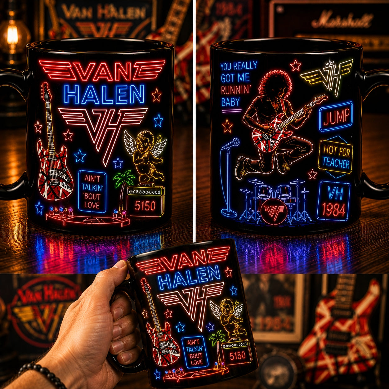 Van Halen Neon Sign Mug – Frankenstrat Guitar Glowing Rock Ceramic Coffee Cup