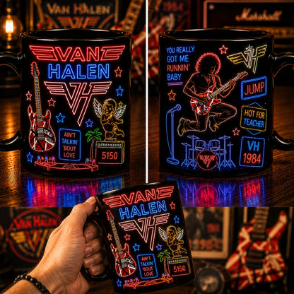 Van Halen Neon Sign Mug – Frankenstrat Guitar Glowing Rock Ceramic Coffee Cup