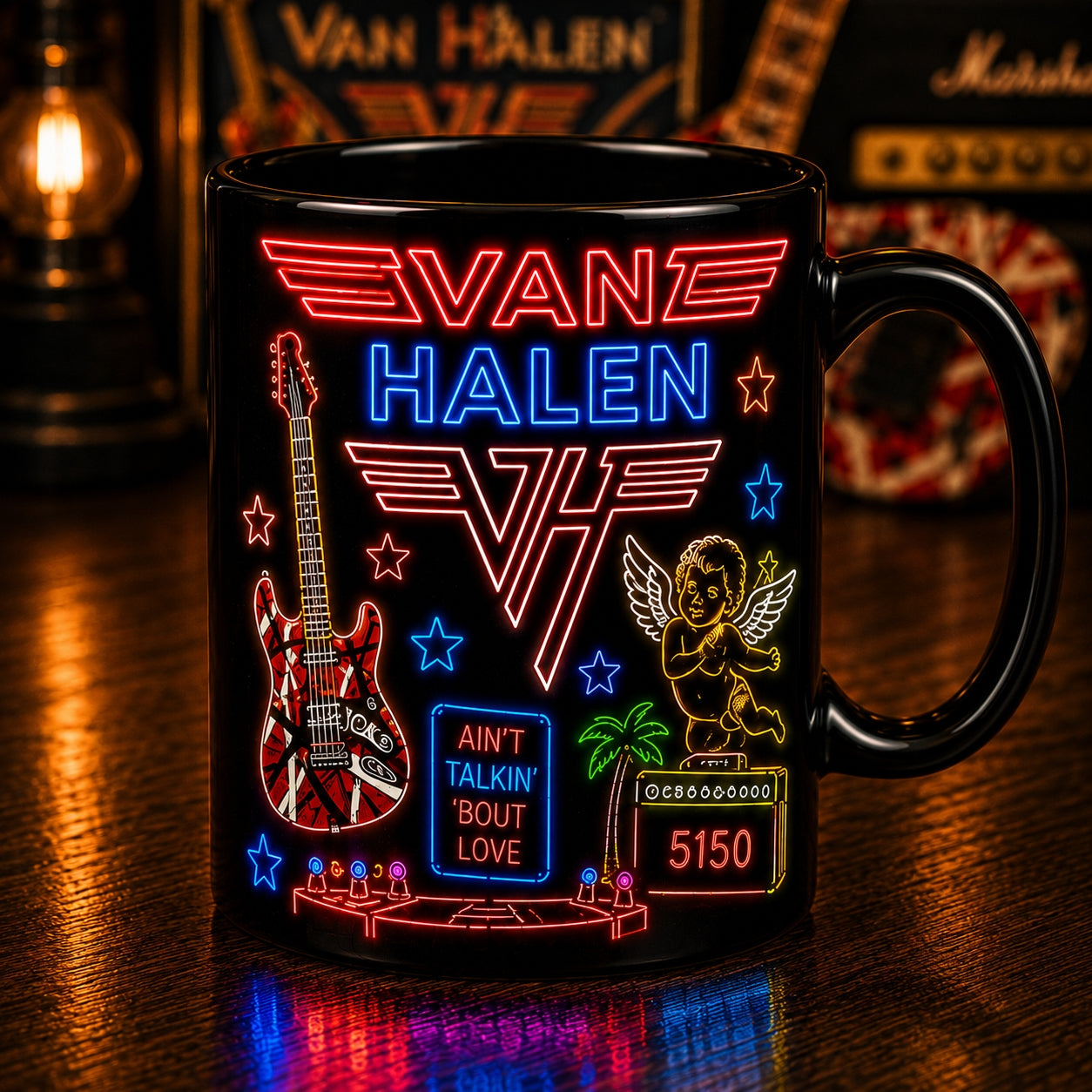 Van Halen Neon Sign Mug – Frankenstrat Guitar Glowing Rock Ceramic Coffee Cup