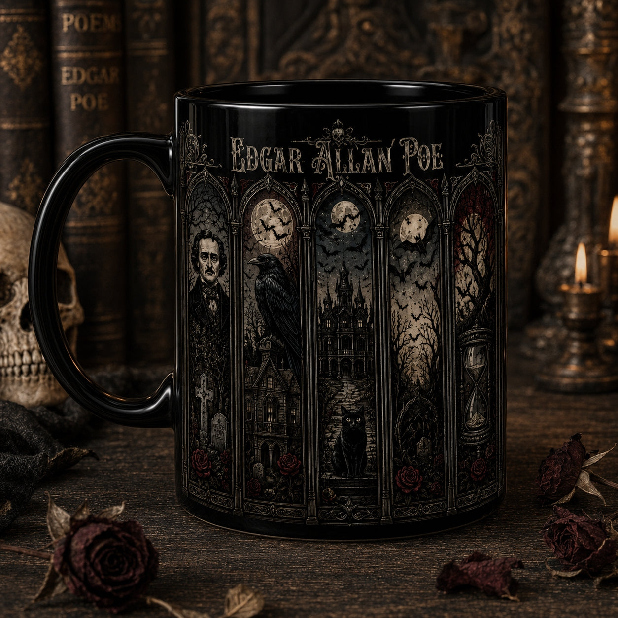 Edgar Allan Poe Mug – Stained Glass Gothic Horror Raven Black Cat Ceramic Coffee Cup