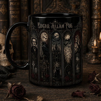 Edgar Allan Poe Mug – Stained Glass Gothic Horror Raven Black Cat Ceramic Coffee Cup