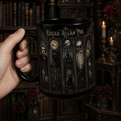 Edgar Allan Poe Mug – Stained Glass Gothic Horror Raven Black Cat Ceramic Coffee Cup