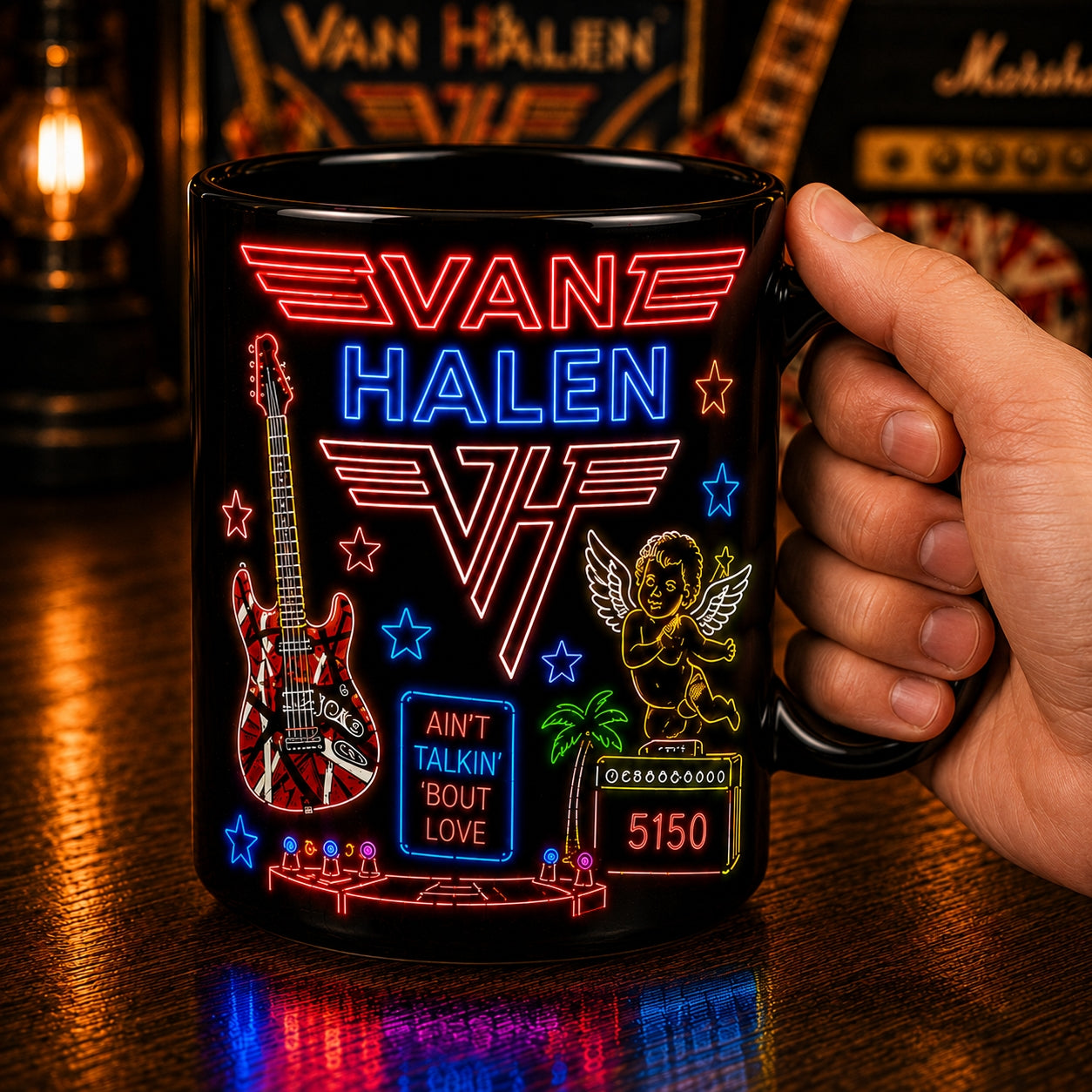 Van Halen Neon Sign Mug – Frankenstrat Guitar Glowing Rock Ceramic Coffee Cup
