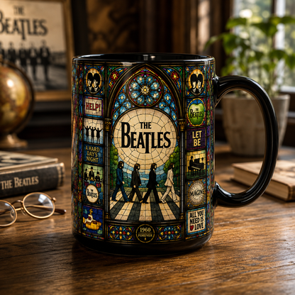 The Beatles Stained Glass Black Coffee Mug – 15oz Ceramic Mug for Classic Rock Fans