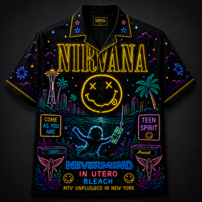 Nirvana Hawaiian Shirt - Unisex Neon Light Smiley Face Nevermind Button Up