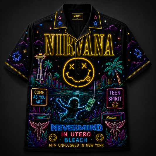 Nirvana Hawaiian Shirt - Unisex Neon Light Smiley Face Nevermind Button Up