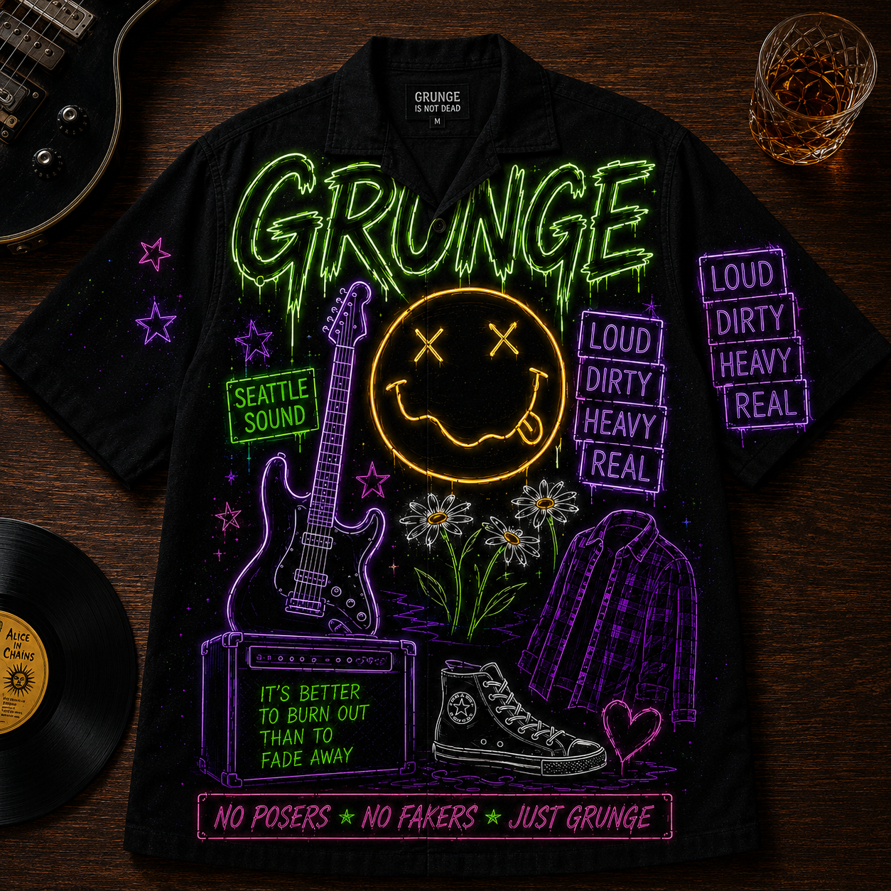 Grunge Rock Hawaiian Shirt - Unisex Neon Light Nirvana Smiley Face Button Up
