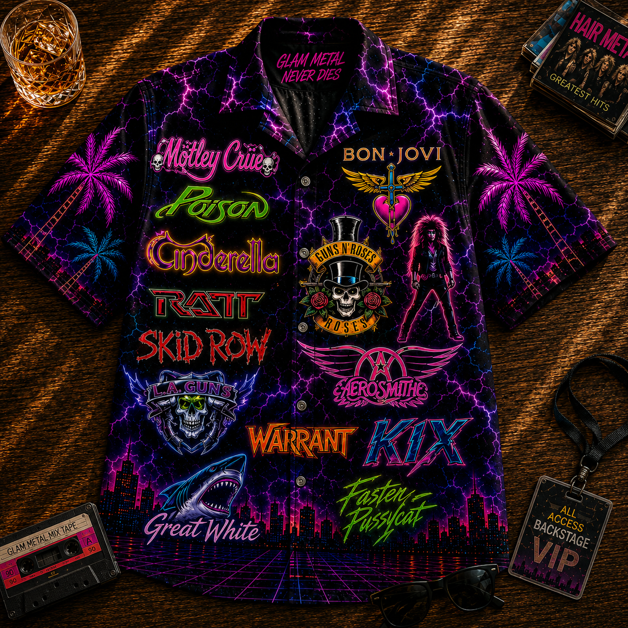 Glam Metal Hawaiian Shirt - Unisex Vintage 80s Hair Metal Band Neon Button Up