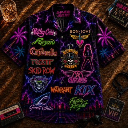 Glam Metal Hawaiian Shirt - Unisex Vintage 80s Hair Metal Band Neon Button Up