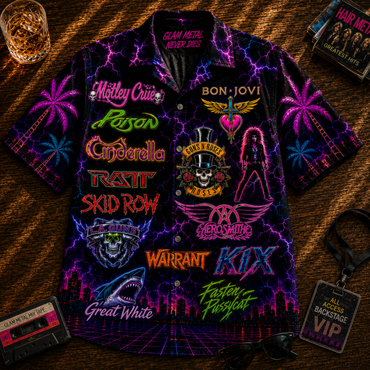 Glam Metal Hawaiian Shirt - Unisex Vintage 80s Hair Metal Band Neon Button Up