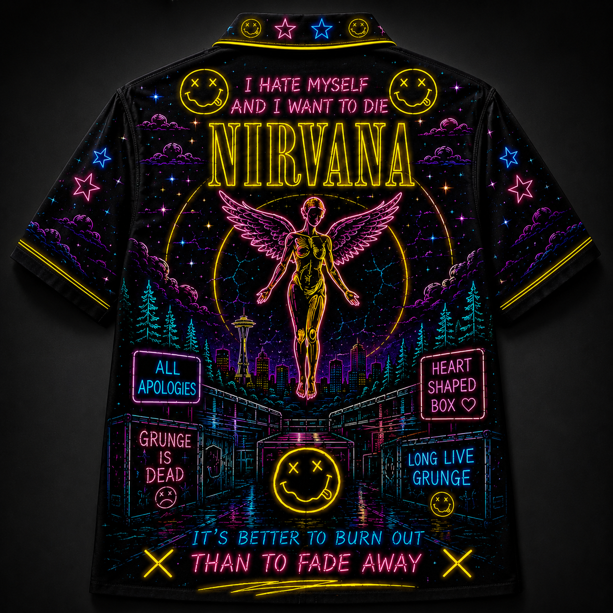 Nirvana Hawaiian Shirt - Unisex Neon Light Smiley Face Nevermind Button Up