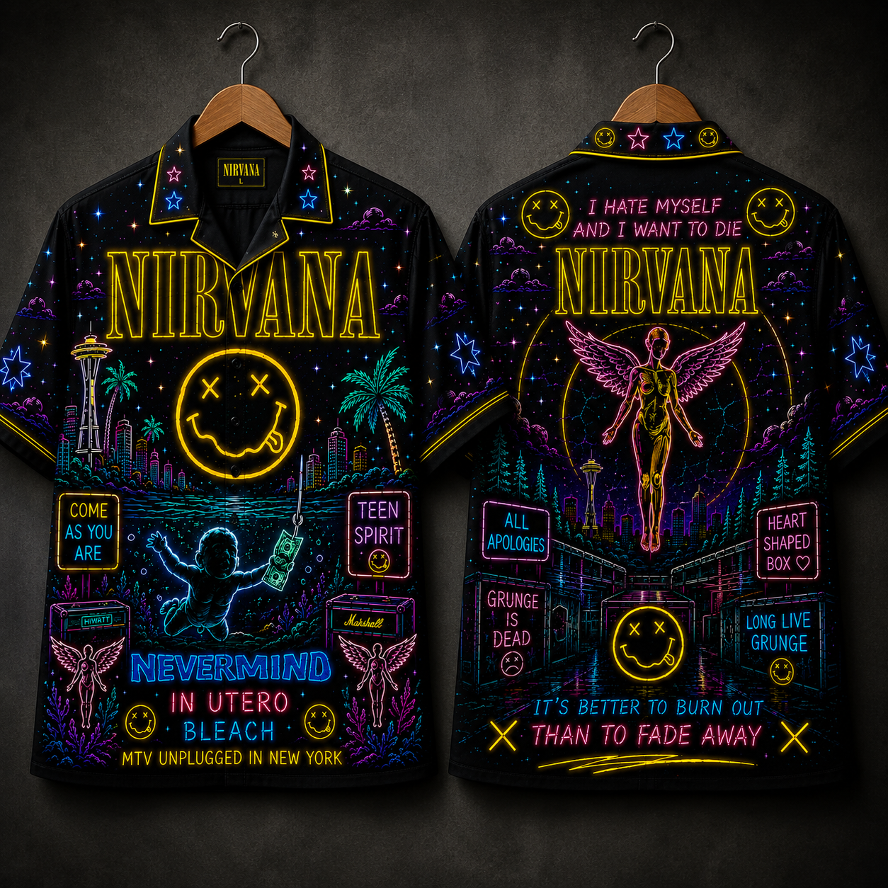 Nirvana Hawaiian Shirt - Unisex Neon Light Smiley Face Nevermind Button Up