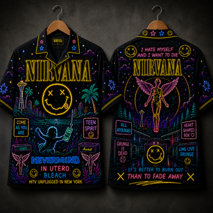Nirvana Hawaiian Shirt - Unisex Neon Light Smiley Face Nevermind Button Up