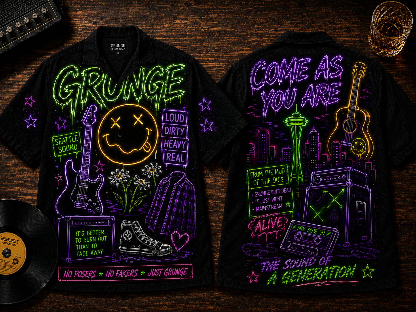 Grunge Rock Hawaiian Shirt - Unisex Neon Light Nirvana Smiley Face Button Up