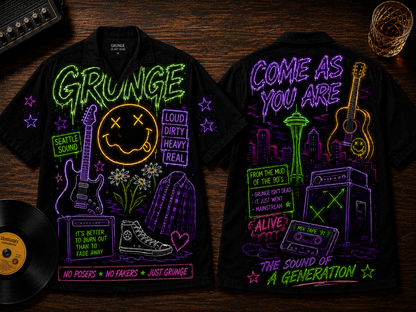 Grunge Rock Hawaiian Shirt - Unisex Neon Light Nirvana Smiley Face Button Up