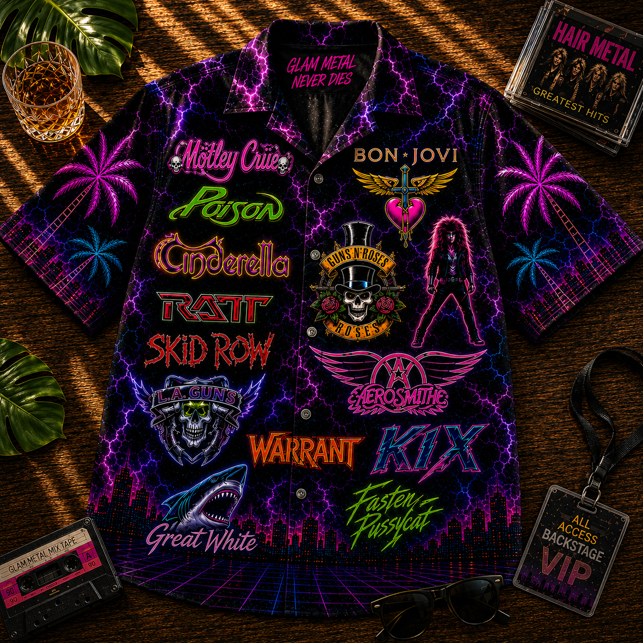 Glam Metal Hawaiian Shirt - Unisex Vintage 80s Hair Metal Band Neon Button Up