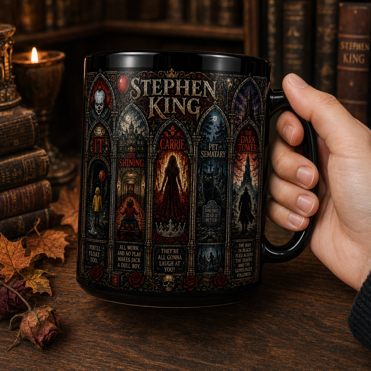 Stephen King Mug – Stained Glass Horror Books IT The Shining Carrie Ceramic Coffee Cup