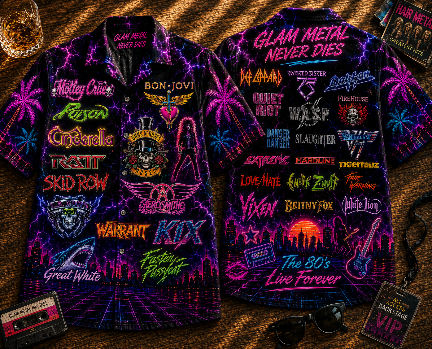 Glam Metal Hawaiian Shirt - Unisex Vintage 80s Hair Metal Band Neon Button Up