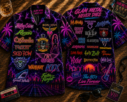 Glam Metal Hawaiian Shirt - Unisex Vintage 80s Hair Metal Band Neon Button Up
