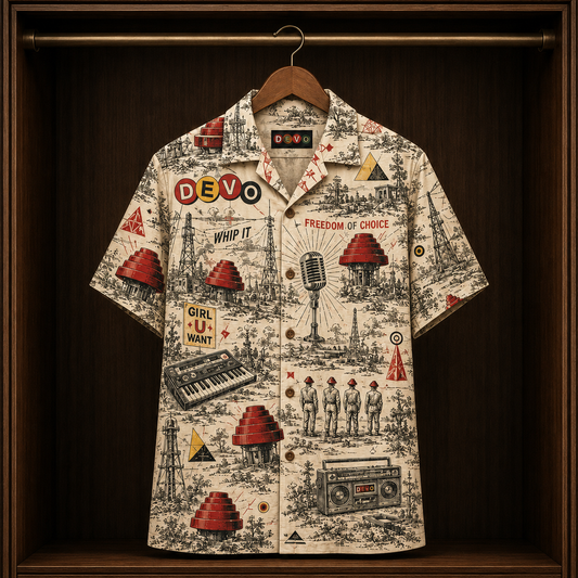 DEVO Hawaiian Shirt - Retro New Wave Band AOP Button Up Shirt with Whip It and Freedom of Choice Art