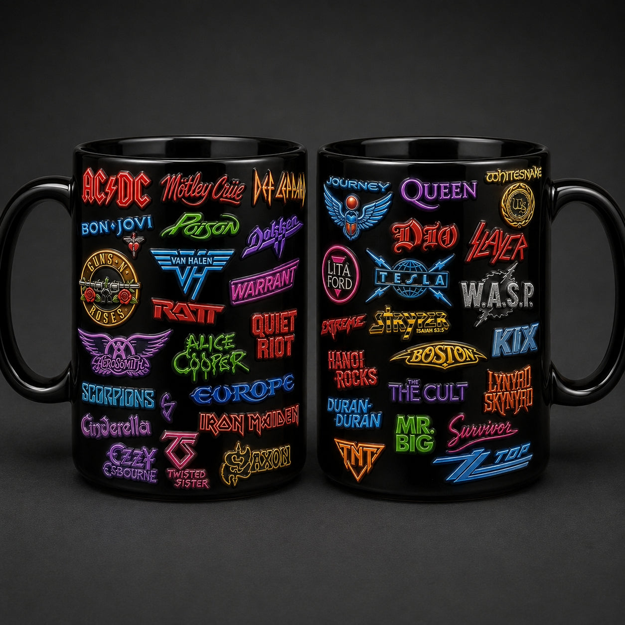 80s Heavy Metal Band Logos Mug – Classic Rock & Glam Metal Enamel Badge Coffee Cup