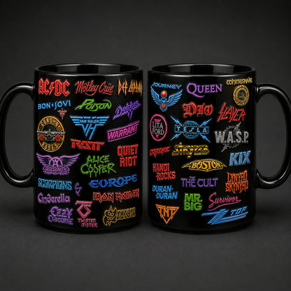 80s Heavy Metal Band Logos Mug – Classic Rock & Glam Metal Enamel Badge Coffee Cup