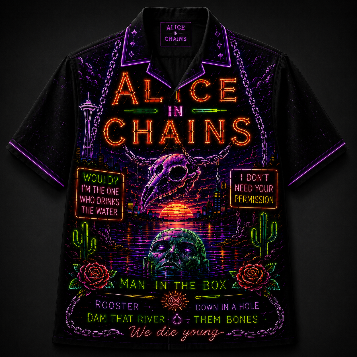 Alice In Chains Hawaiian Shirt - Unisex Neon Light Jar Of Flies Button Up