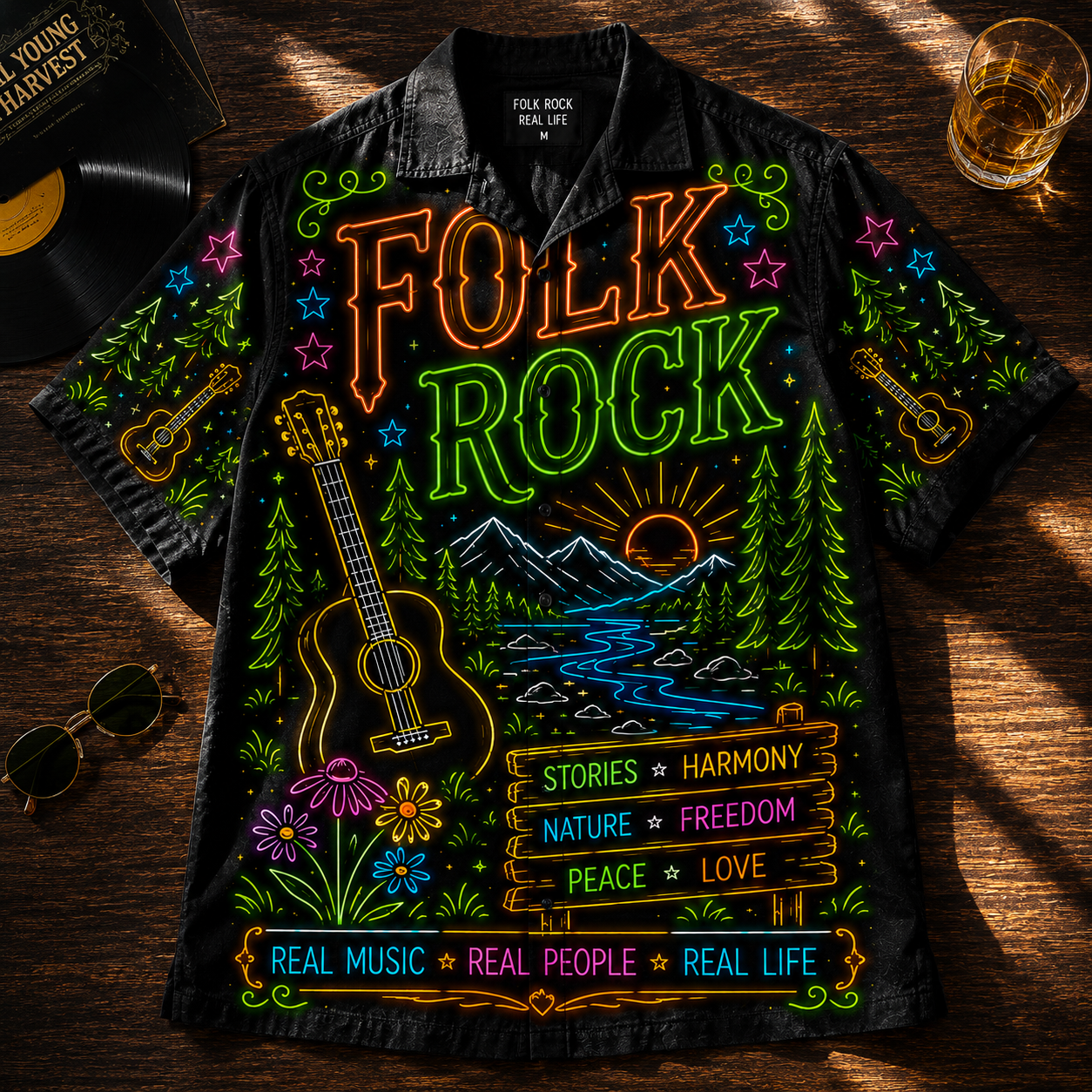 Folk Rock Hawaiian Shirt - Unisex Neon Light Acoustic Guitar Campfire Button Up
