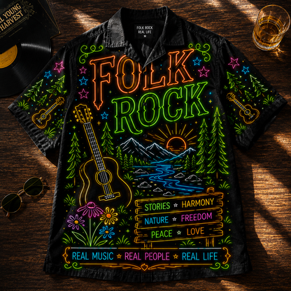 Folk Rock Hawaiian Shirt - Unisex Neon Light Acoustic Guitar Campfire Button Up