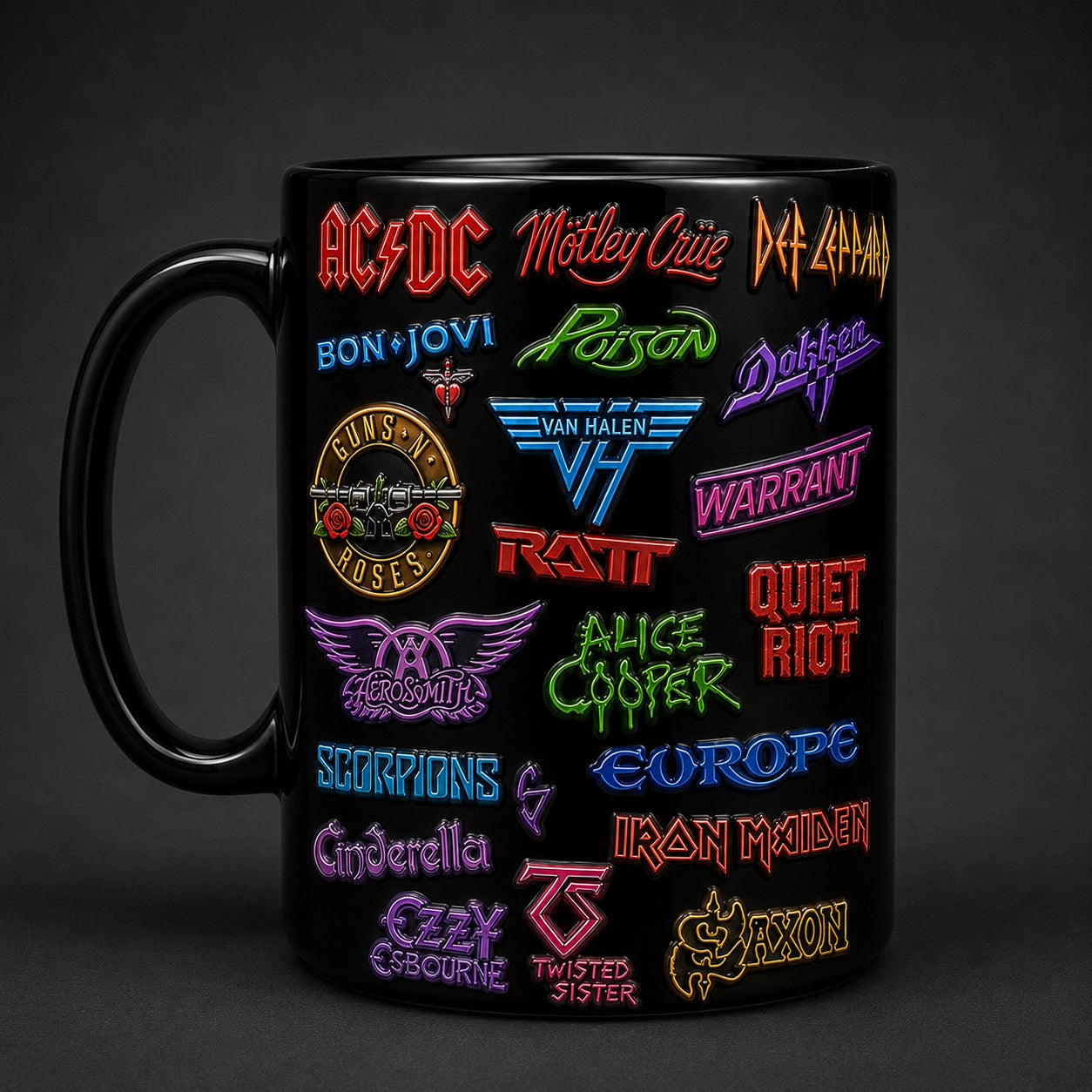 80s Heavy Metal Band Logos Mug – Classic Rock & Glam Metal Enamel Badge Coffee Cup