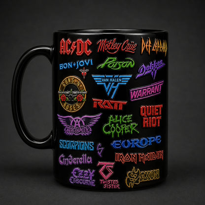 80s Heavy Metal Band Logos Mug – Classic Rock & Glam Metal Enamel Badge Coffee Cup