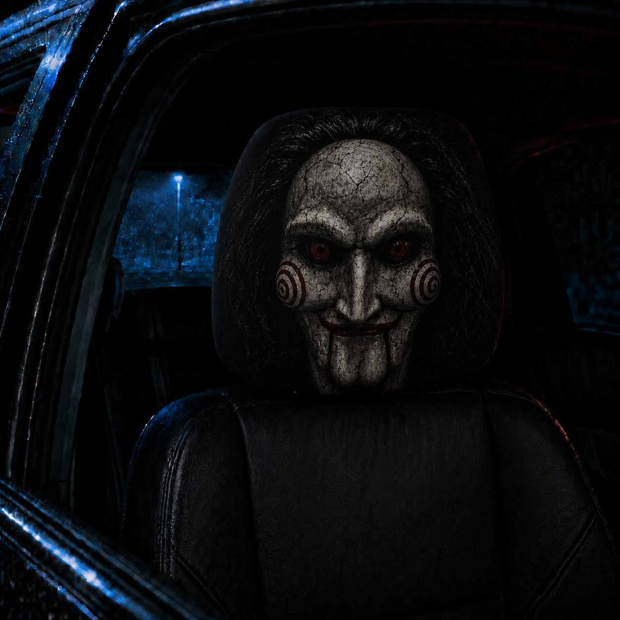 Billy the Puppet SAW Horror Car Headrest Cover – Creepy Halloween Auto Decor
