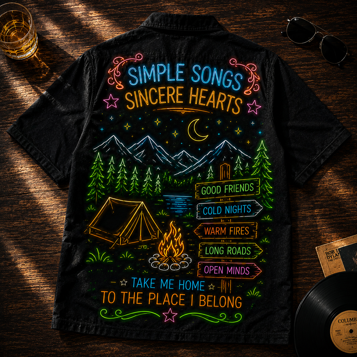 Folk Rock Hawaiian Shirt - Unisex Neon Light Acoustic Guitar Campfire Button Up