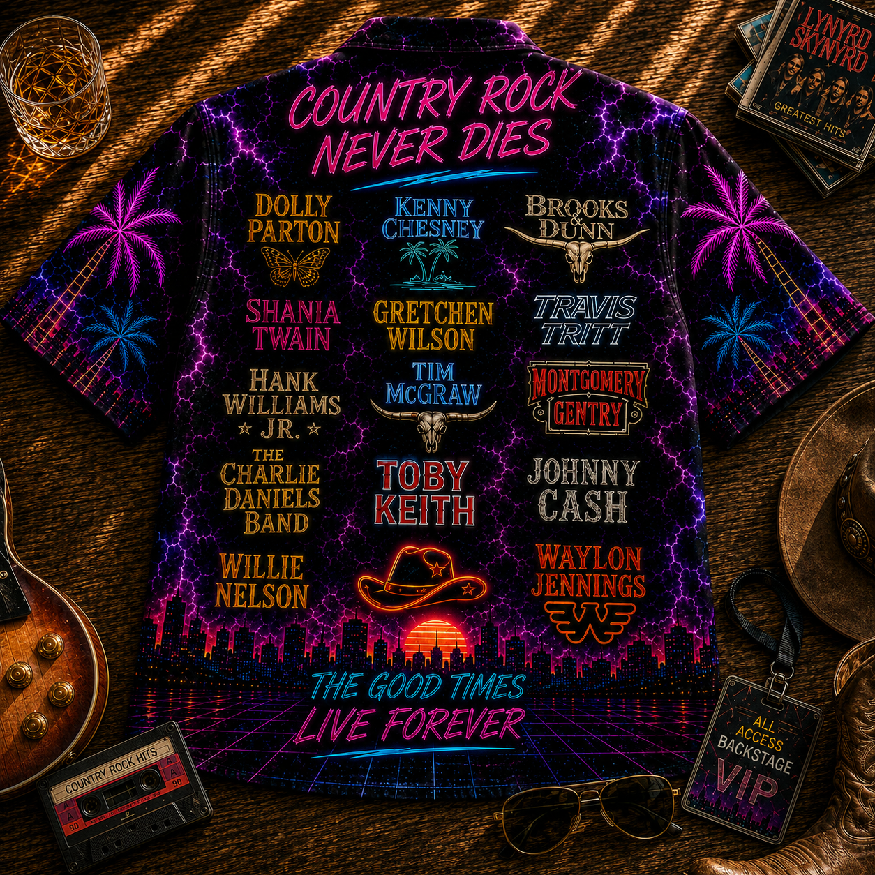 Country Rock Hawaiian Shirt - Unisex Southern Rock Band Neon Light Shirt