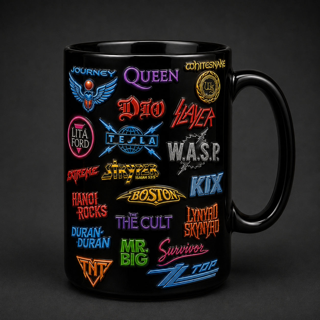 80s Heavy Metal Band Logos Mug – Classic Rock & Glam Metal Enamel Badge Coffee Cup