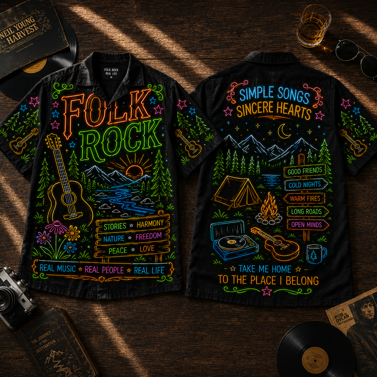 Folk Rock Hawaiian Shirt - Unisex Neon Light Acoustic Guitar Campfire Button Up