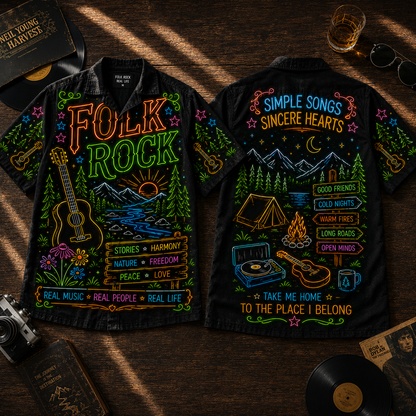 Folk Rock Hawaiian Shirt - Unisex Neon Light Acoustic Guitar Campfire Button Up