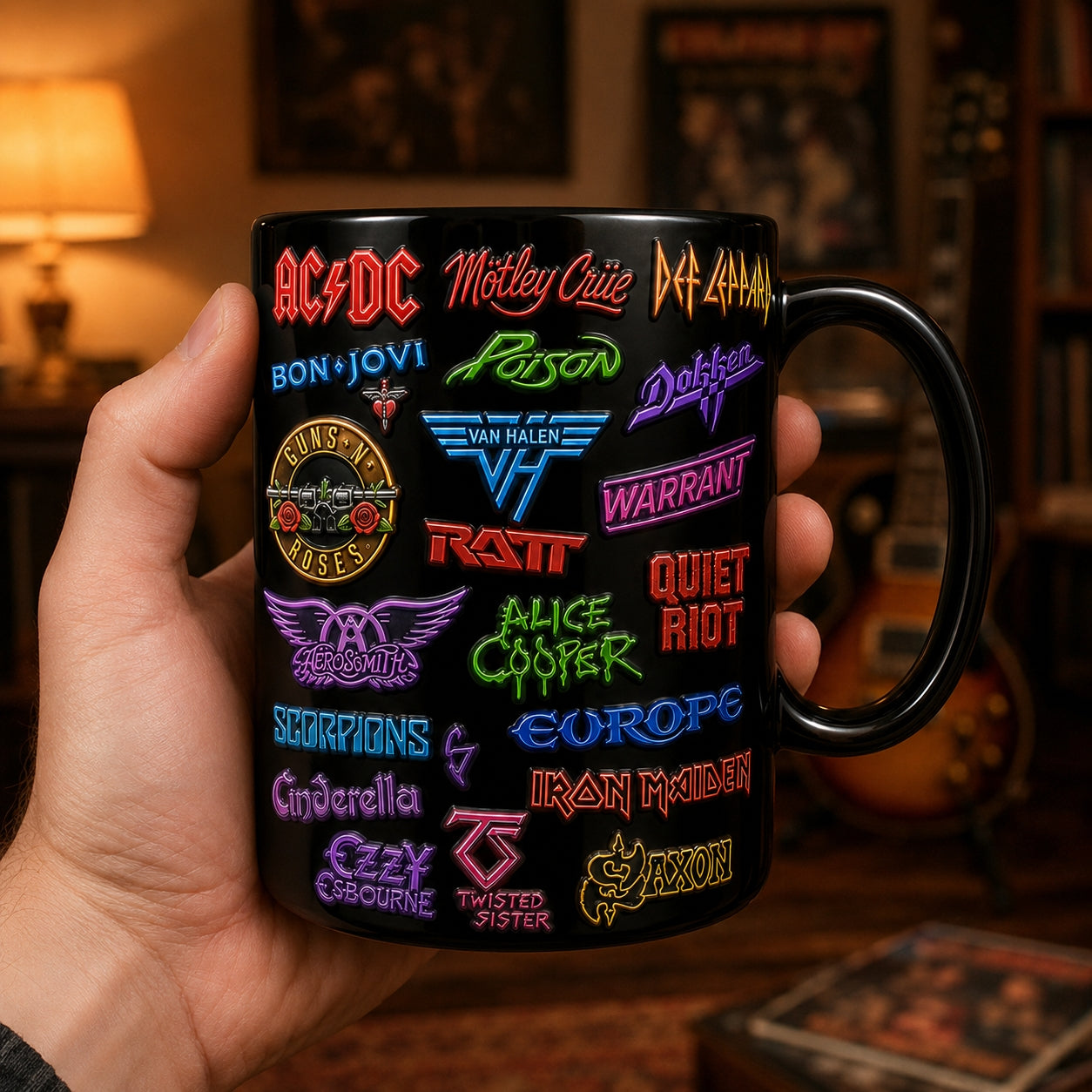 80s Heavy Metal Band Logos Mug – Classic Rock & Glam Metal Enamel Badge Coffee Cup