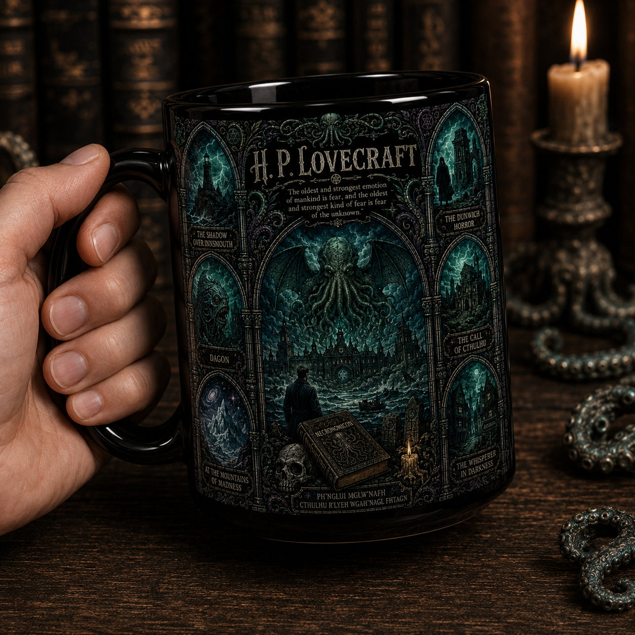 H.P. Lovecraft Mug – Stained Glass Cthulhu Cosmic Horror Book Lover Ceramic Coffee Cup