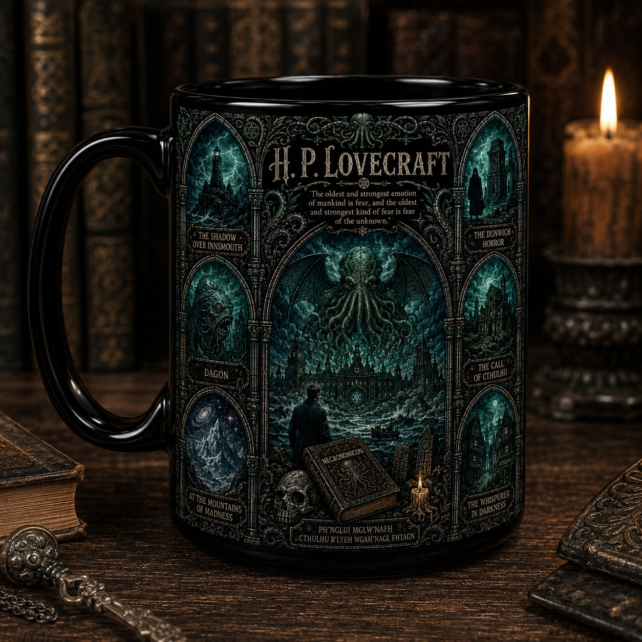 H.P. Lovecraft Mug – Stained Glass Cthulhu Cosmic Horror Book Lover Ceramic Coffee Cup