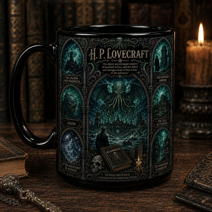 H.P. Lovecraft Mug – Stained Glass Cthulhu Cosmic Horror Book Lover Ceramic Coffee Cup