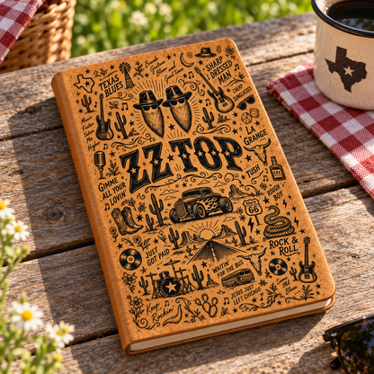 ZZ Top Vintage Leather Journal – Texas Blues Classic Rock Music Notebook & Diary