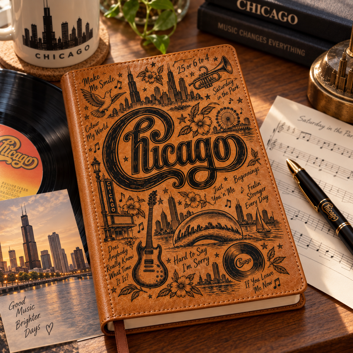 Chicago Band Vintage Vegan Leather Notebook – Classic Horn-Rock Music Journal & Diary