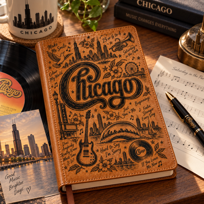 Chicago Band Vintage Vegan Leather Notebook – Classic Horn-Rock Music Journal & Diary