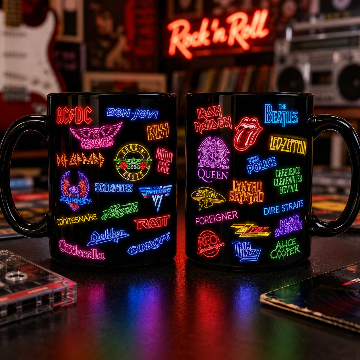 Classic Rock Band Logos Neon Sign Mug – Glowing Hard Rock Ceramic Coffee Cup