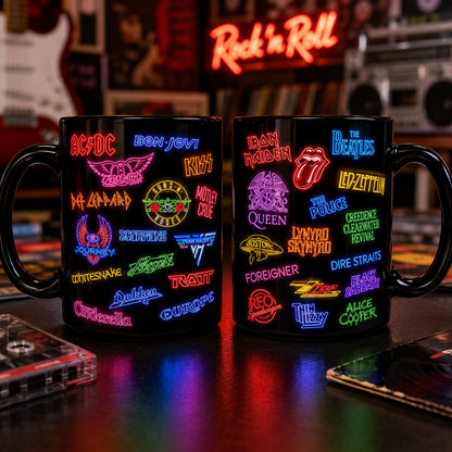 Classic Rock Band Logos Neon Sign Mug – Glowing Hard Rock Ceramic Coffee Cup